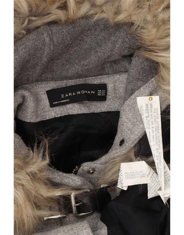 Zara Womens Hooded Oversized Duffle Jacket UK 6 XS Grey Wool