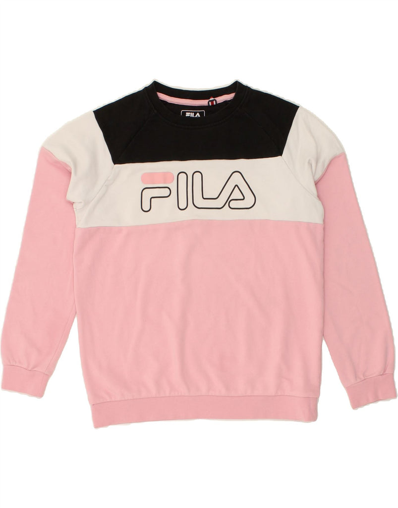 FILA Girls Graphic Sweatshirt Jumper 13-14 Years Pink Colourblock Cotton | Vintage Fila | Thrift | Second-Hand Fila | Used Clothing | Messina Hembry 