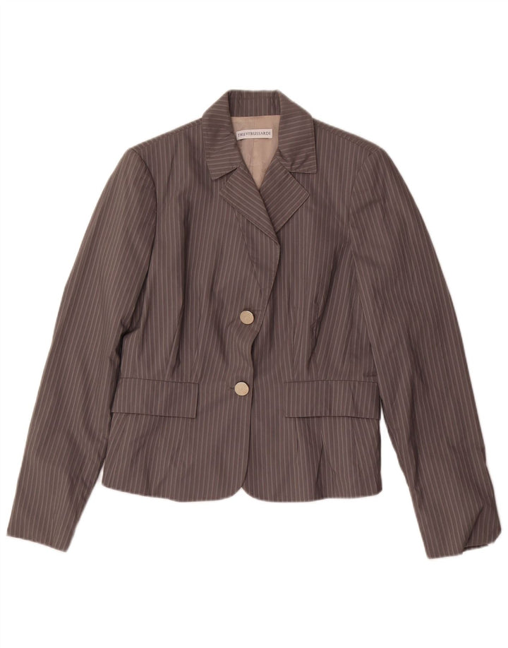 TRUSSARDI Womens 2 Button Blazer Jacket IT 44 Medium Grey Pinstripe Cotton