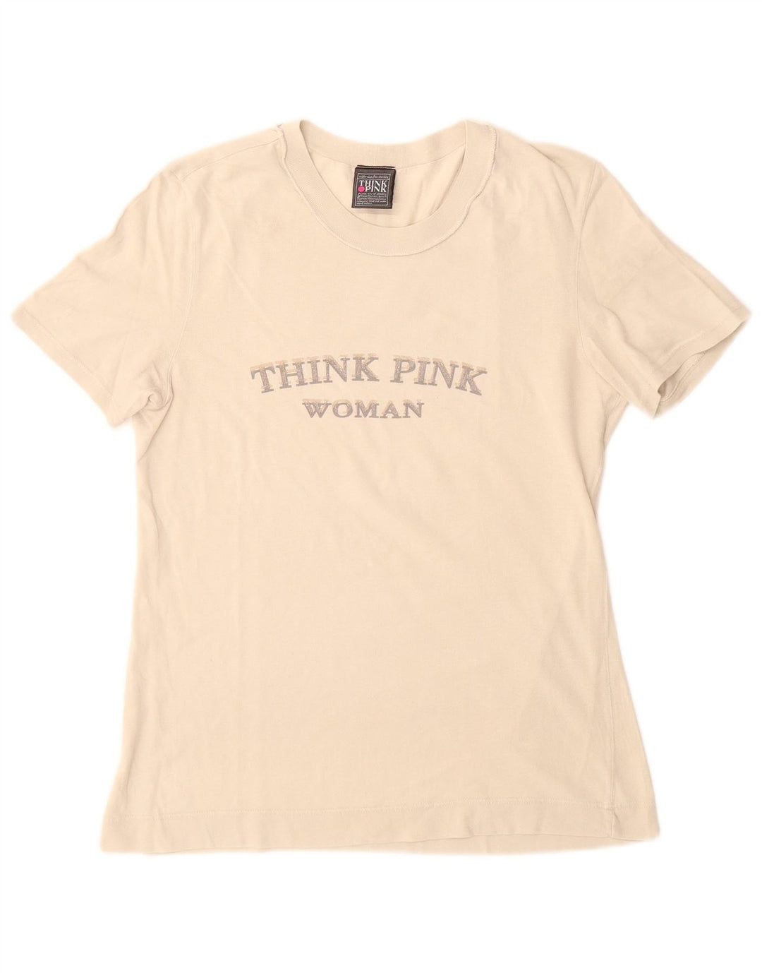 Think Pink Womens Graphic T-Shirt Top UK 12 Medium Off White Cotton