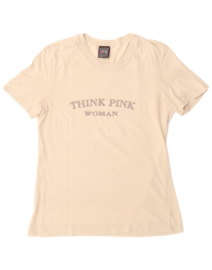 Think Pink Womens Graphic T-Shirt Top UK 12 Medium Off White Cotton