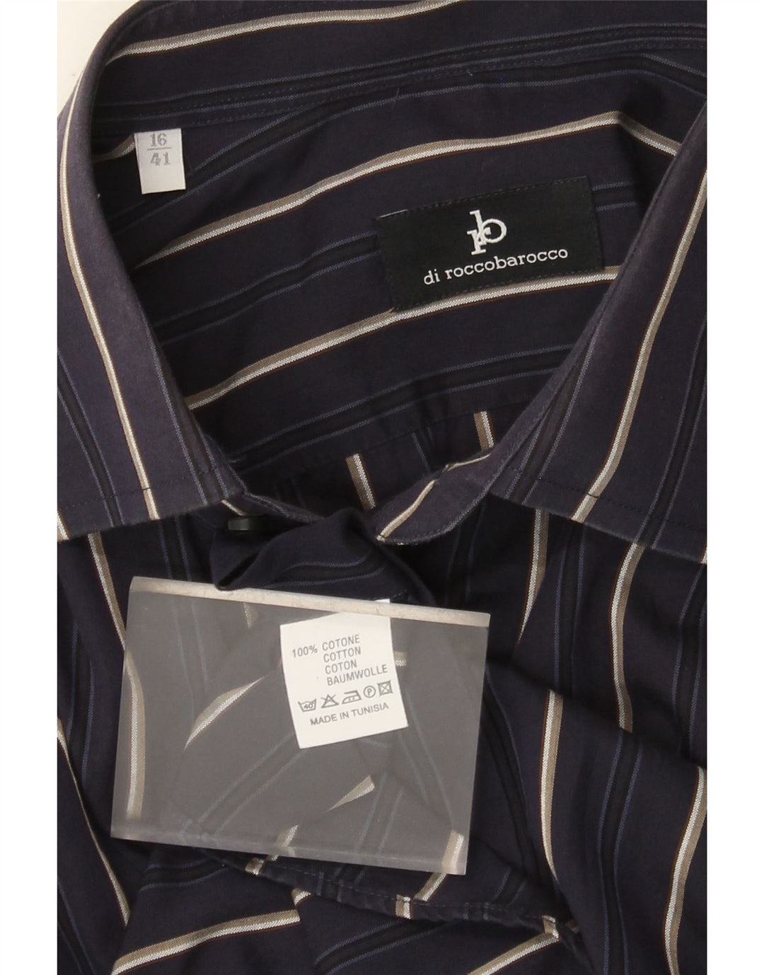 Roccobarocco Mens Shirt Size 41 16 Large Navy Blue Striped Cotton