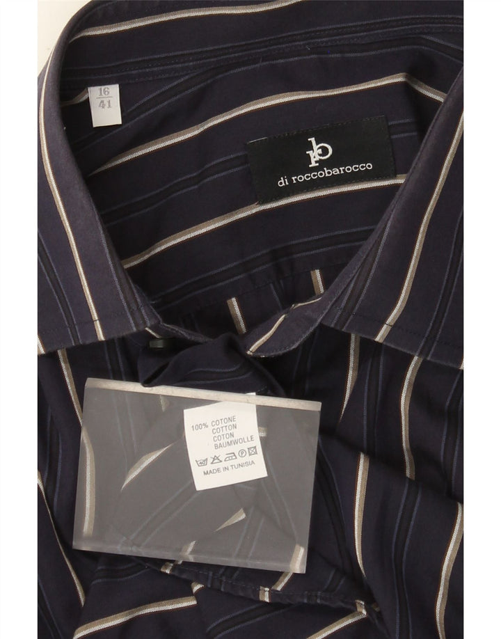 Roccobarocco Mens Shirt Size 41 16 Large Navy Blue Striped Cotton