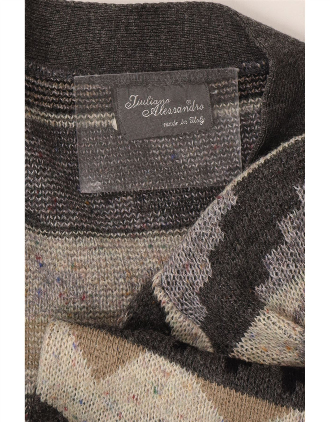 VINTAGE Mens Cardigan Sweater XL Grey Geometric Acrylic