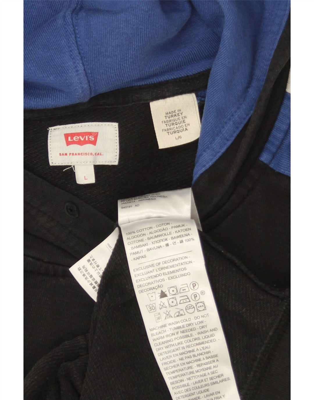 Levi's Mens Zip Hoodie Sweater Large Black Colourblock Cotton