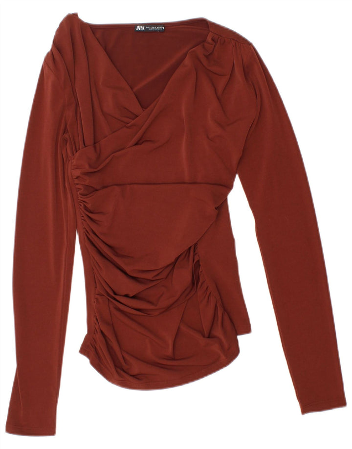 Zara Womens Top Long Sleeve UK 8 Small Brown Polyester