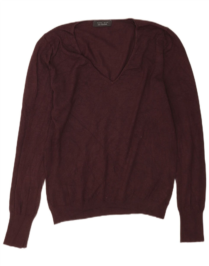 Zara Mens V-Neck Jumper Sweater Large Brown Viscose