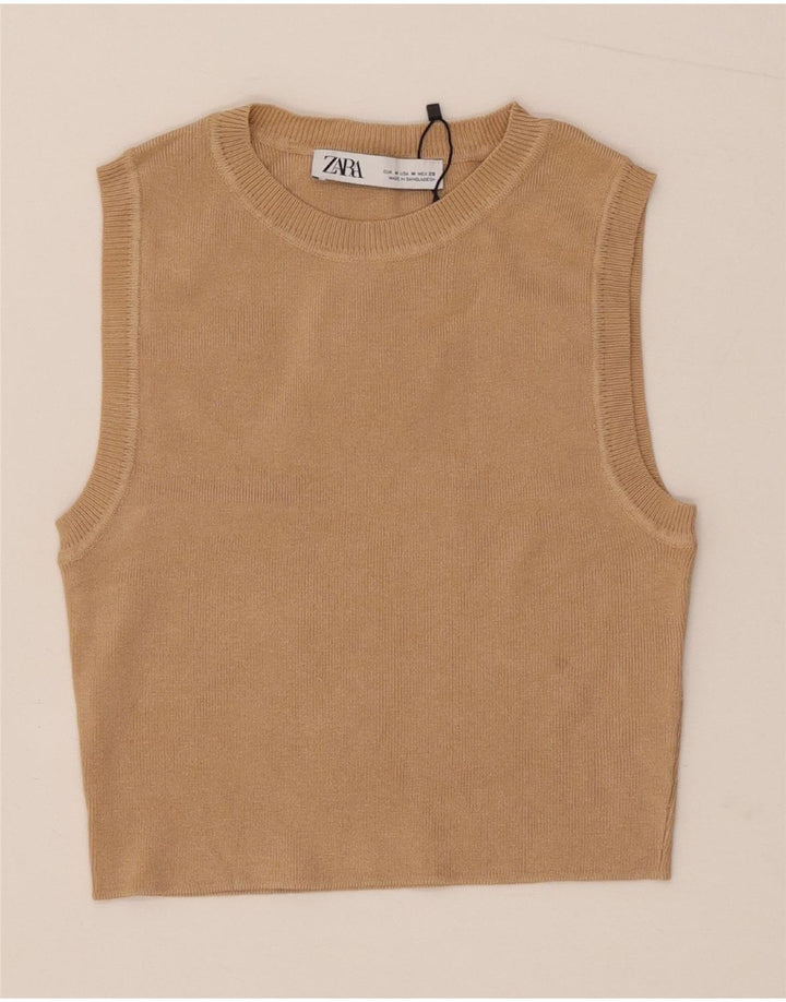 Zara Womens Crop Vest Tank Top UK 12 Medium Beige Viscose