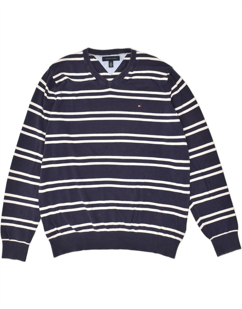 TOMMY HILFIGER Mens V-Neck Jumper Sweater XL Navy Blue Striped Cotton | Vintage Tommy Hilfiger | Thrift | Second-Hand Tommy Hilfiger | Used Clothing | Messina Hembry 