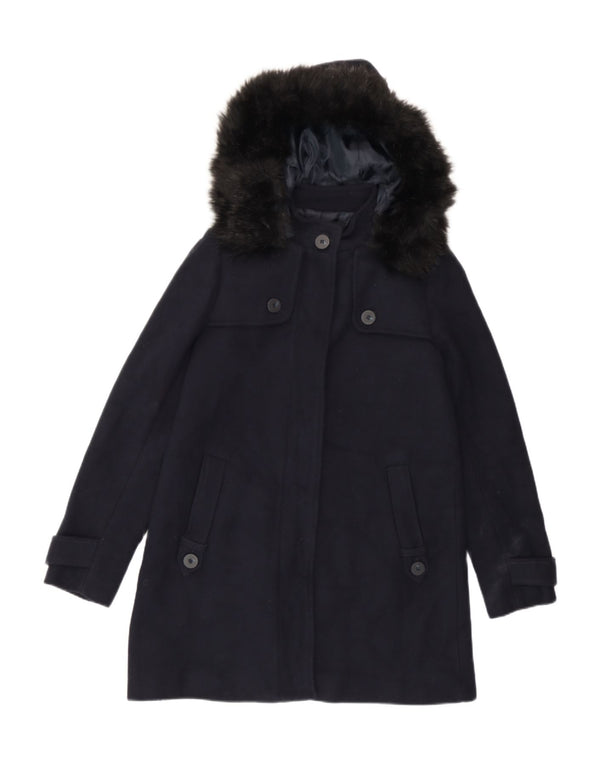 Zara Womens Hooded Overcoat UK 6 XS Navy Blue Acrylic
