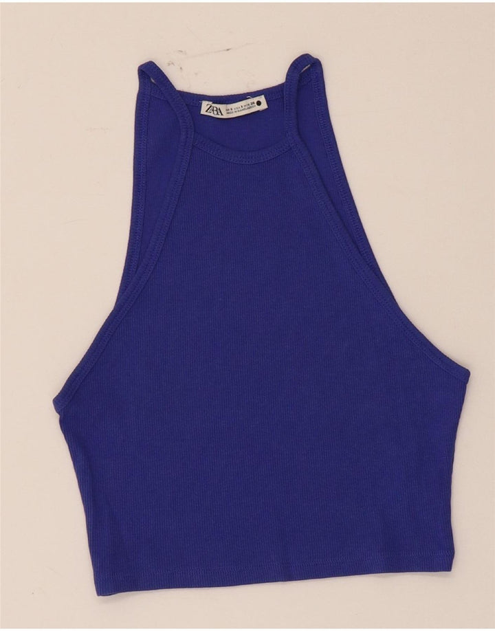 Zara Womens Crop Halter Top UK 8 Small Blue Cotton
