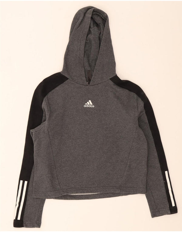Adidas Girls Crop Hoodie Jumper 13-14 Years Grey Colourblock Cotton