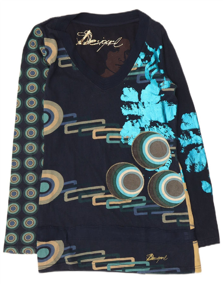 Desigual Womens Graphic Top Long Sleeve UK 10 Small Navy Blue