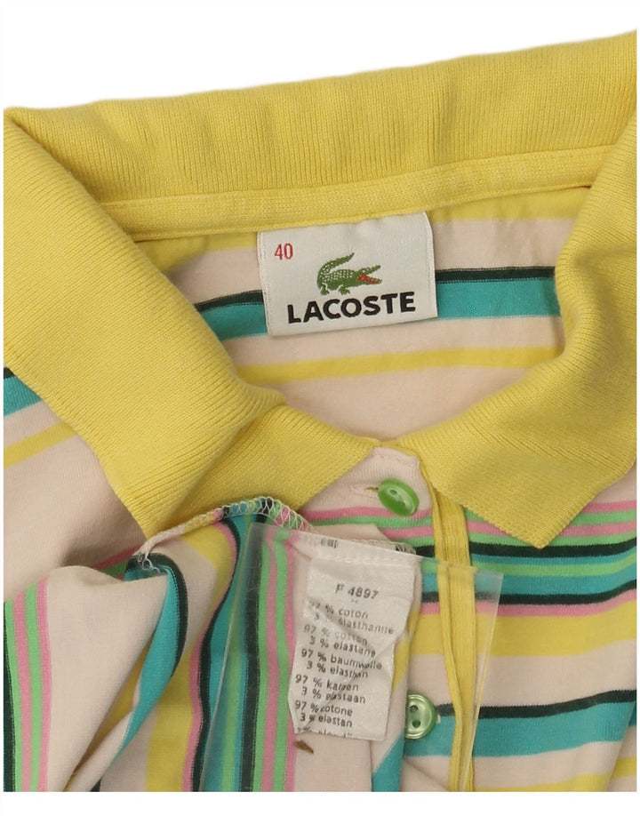 LACOSTE Womens Polo Shirt Size 40 Medium Off White Striped Cotton