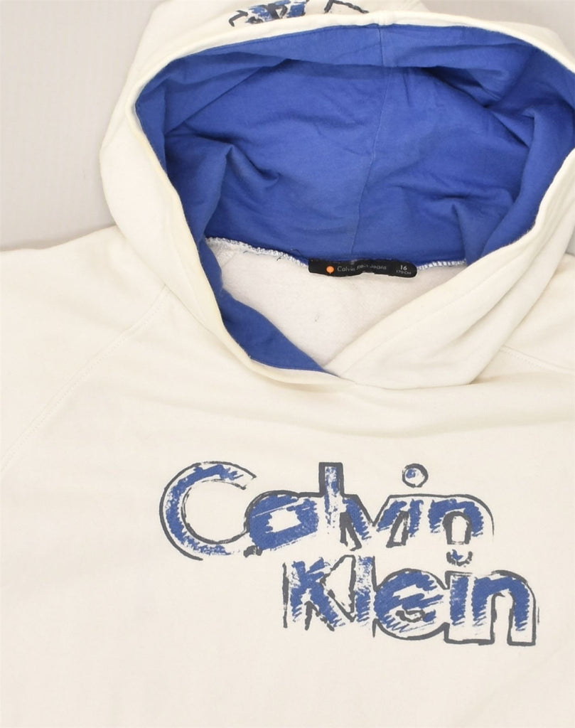 CALVIN KLEIN Womens Graphic Hoodie Jumper UK 16 Large White Cotton | Vintage Calvin Klein | Thrift | Second-Hand Calvin Klein | Used Clothing | Messina Hembry 