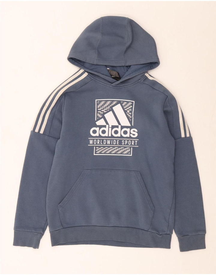 ADIDAS Boys Graphic Hoodie Jumper 13-14 Years Blue Cotton
