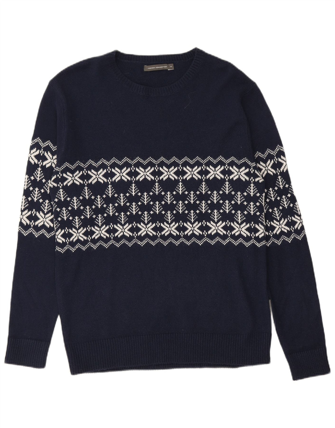 FRENCH CONNECTION Mens Crew Neck Jumper Sweater Medium Navy Blue Fair Isle