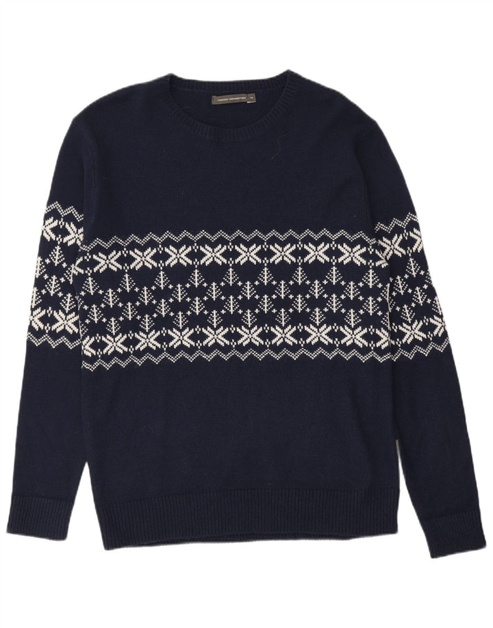 FRENCH CONNECTION Mens Crew Neck Jumper Sweater Medium Navy Blue Fair Isle