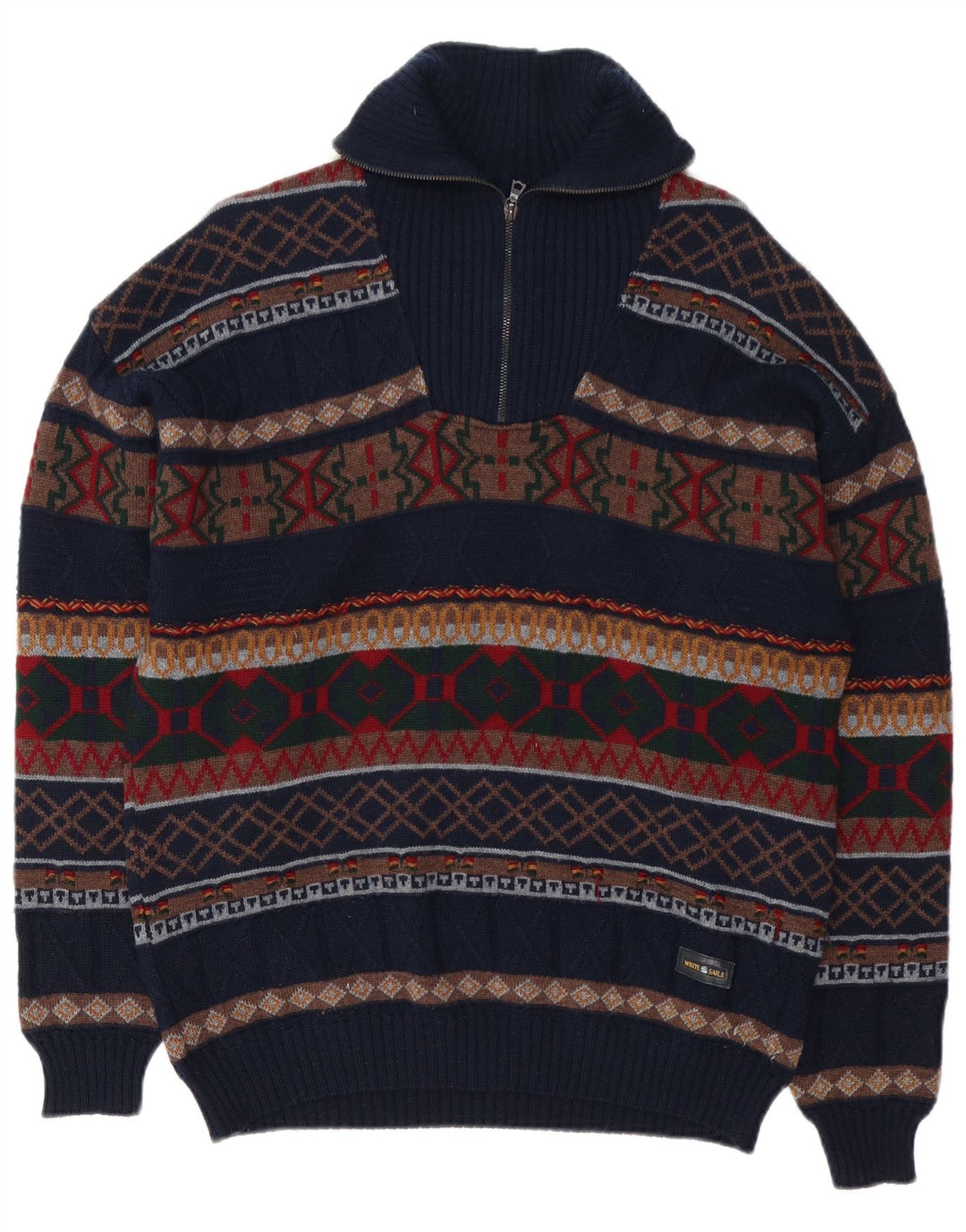 White Sails Mens Zip Neck Jumper Sweater Large Navy Blue Fair Isle Wool