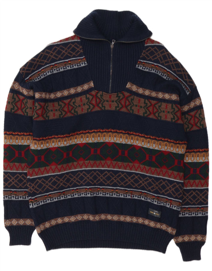 White Sails Mens Zip Neck Jumper Sweater Large Navy Blue Fair Isle Wool