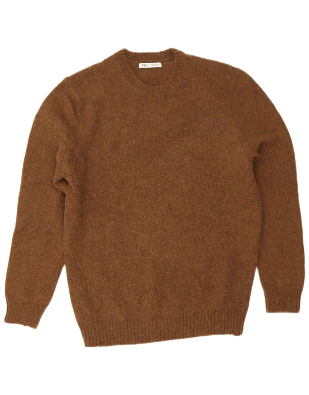 Zara Mens Crew Neck Jumper Sweater Medium Brown Wool