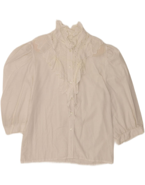 Vintage Womens 3/4 Sleeve Ruffle Front Shirt Blouse UK 12 Medium White
