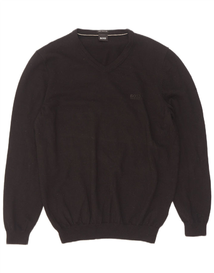 Hugo Boss Mens V-Neck Jumper Sweater XL Black Virgin Wool