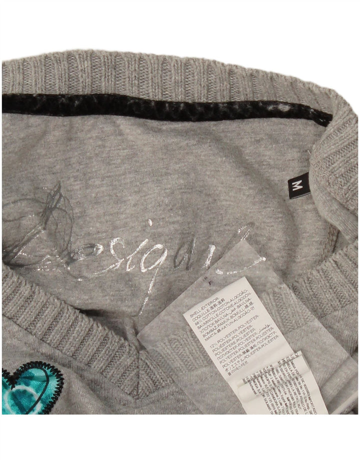DESIGUAL Womens Graphic Top Long Sleeve UK 12 Medium Grey Paisley Heart