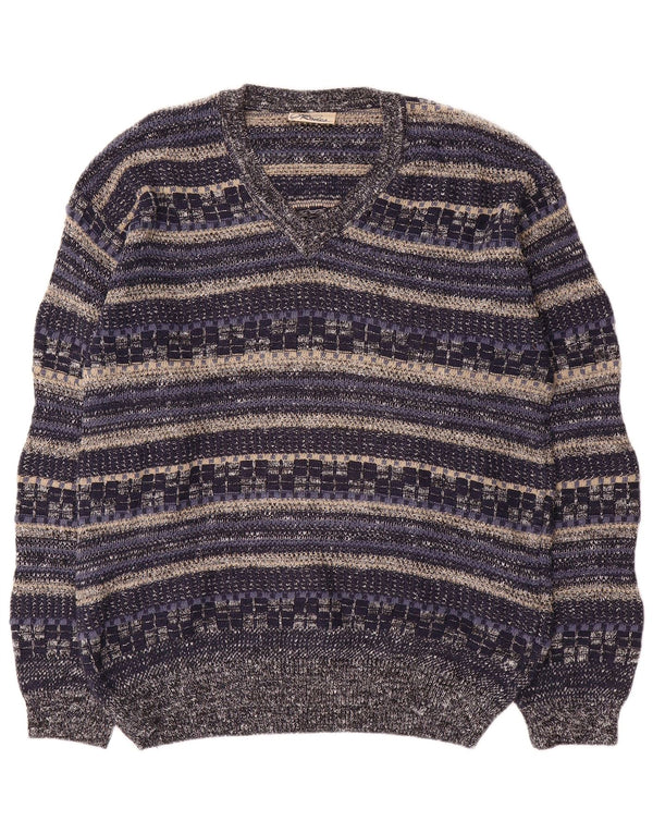 Rodes Mens V-Neck Jumper Sweater Medium Navy Blue Striped Cotton
