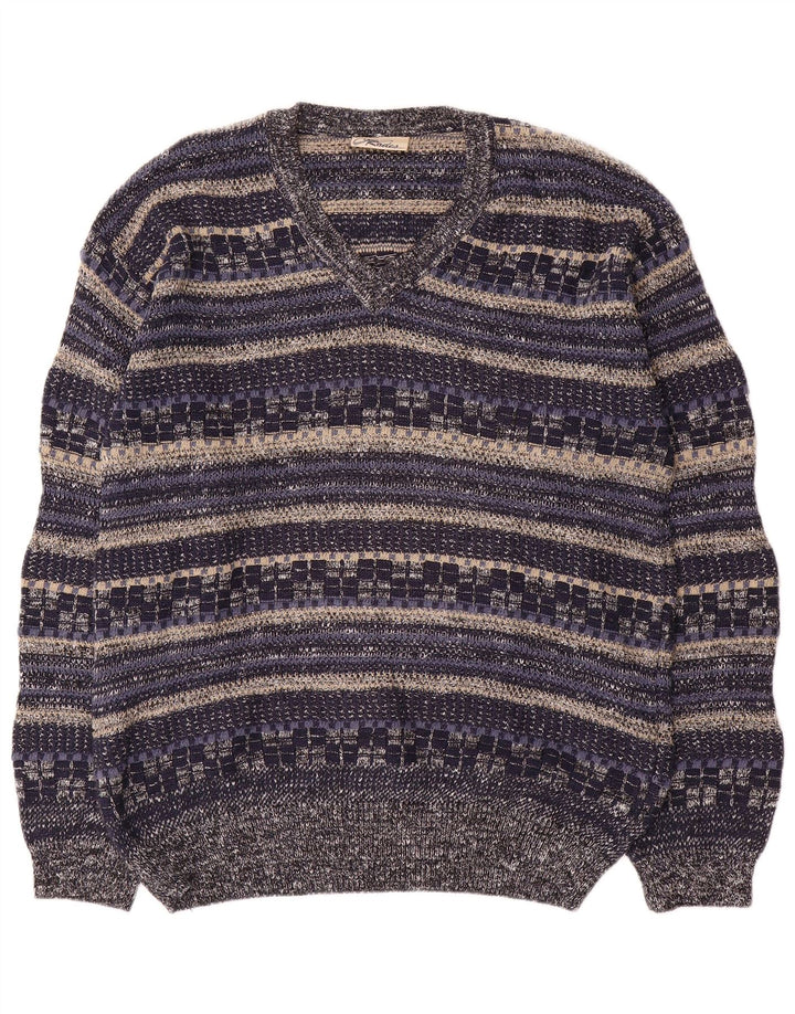 Rodes Mens V-Neck Jumper Sweater Medium Navy Blue Striped Cotton