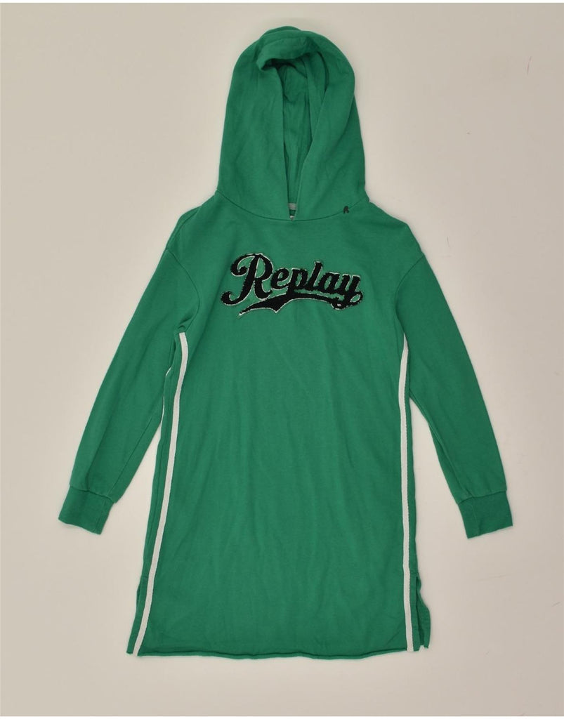 REPLAY Girls Graphic Hooded Jumper Dress 9-10 Years Green Cotton | Vintage Replay | Thrift | Second-Hand Replay | Used Clothing | Messina Hembry 