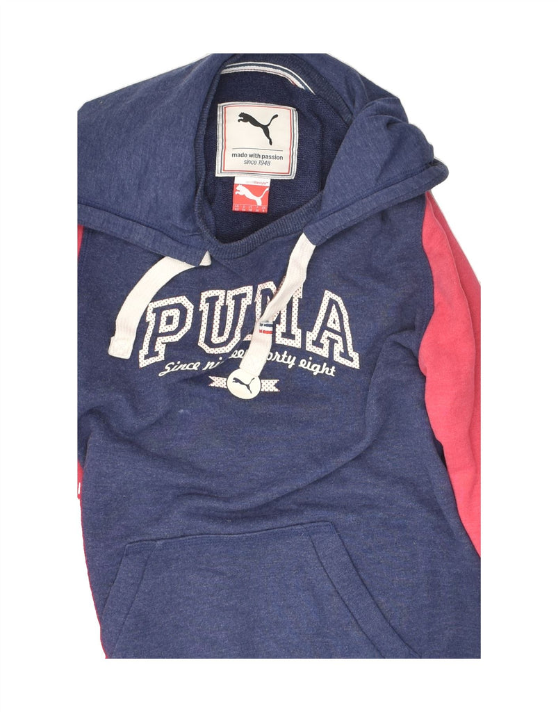 PUMA Womens Graphic Hoodie Jumper UK 8 Small Navy Blue Colourblock | Vintage Puma | Thrift | Second-Hand Puma | Used Clothing | Messina Hembry 