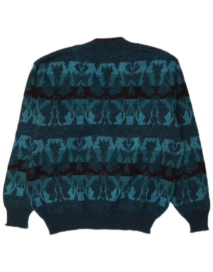 Vintage Mens V-Neck Jumper Sweater IT 50 Medium Blue Fair Isle