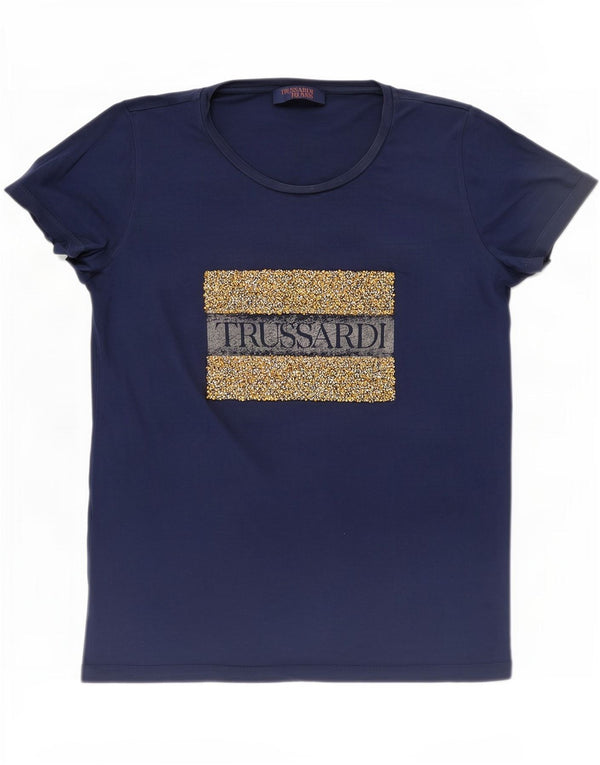 Trussardi Jeans Womens Graphic T-Shirt Top UK 16 Large Navy Blue Cotton