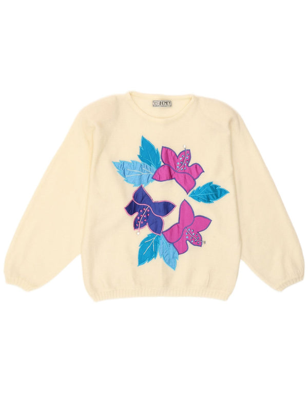 Vintage Womens Crew Neck Jumper Sweater One Size Off White Floral Acrylic