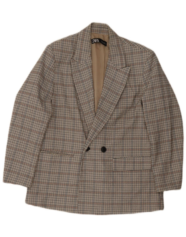 Zara Mens Double Breasted Blazer Jacket UK 38 Medium Grey Check Polyester