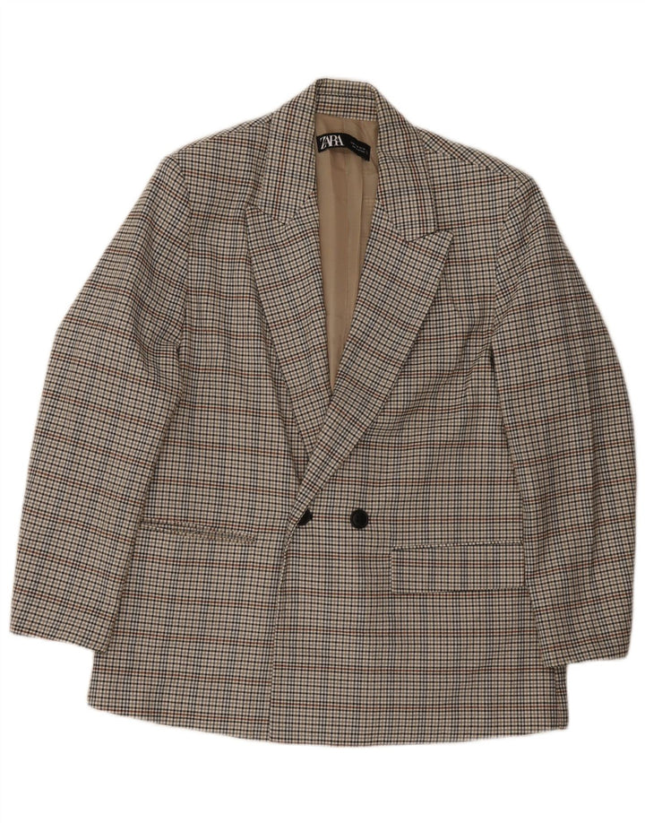 Zara Mens Double Breasted Blazer Jacket UK 38 Medium Grey Check Polyester