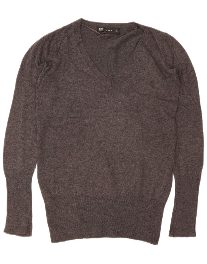 Zara Womens V-Neck Jumper Sweater UK 12 Medium Grey