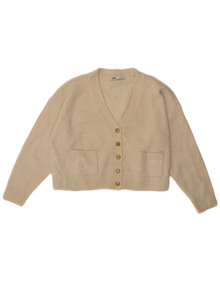 Zara Womens Crop Oversized Cardigan Sweater UK 10 Small Off White Wool