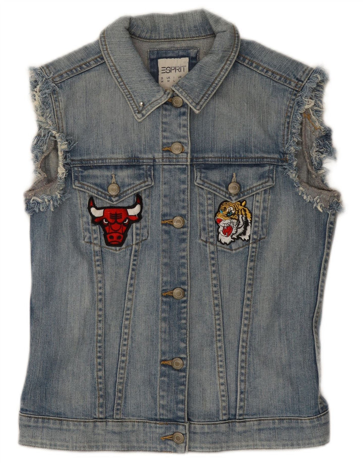 ESPRIT Womens Chicago Bulls Graphic Denim Gilet UK 12 Medium Blue Cotton
