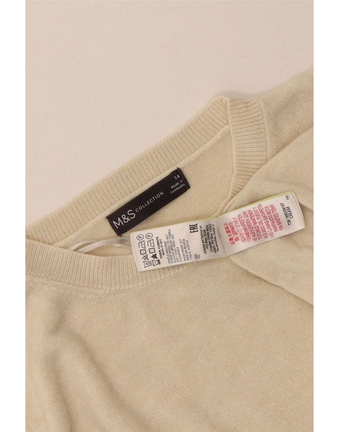 MARKS & SPENCER Womens Crew Neck Jumper Sweater UK 14 Medium Beige Acrylic