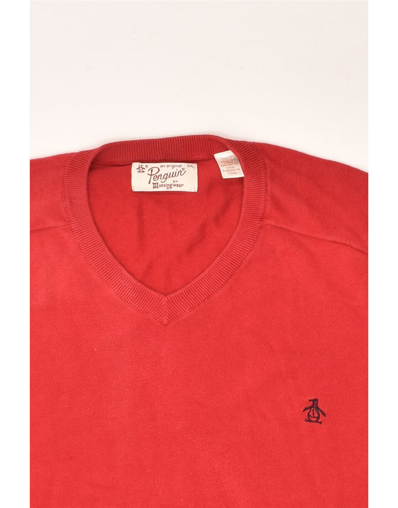 PENGUIN Mens V-Neck Jumper Sweater 2XL Red Cotton | Vintage Penguin | Thrift | Second-Hand Penguin | Used Clothing | Messina Hembry 