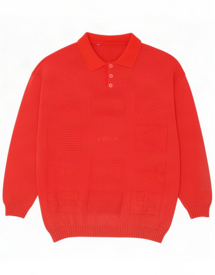 Vintage Mens Polo Neck Jumper Sweater Medium Red Geometric