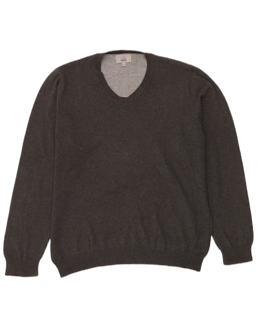 Marks & Spencer Mens Regular Fit V-Neck Jumper Sweater Large Grey Cotton