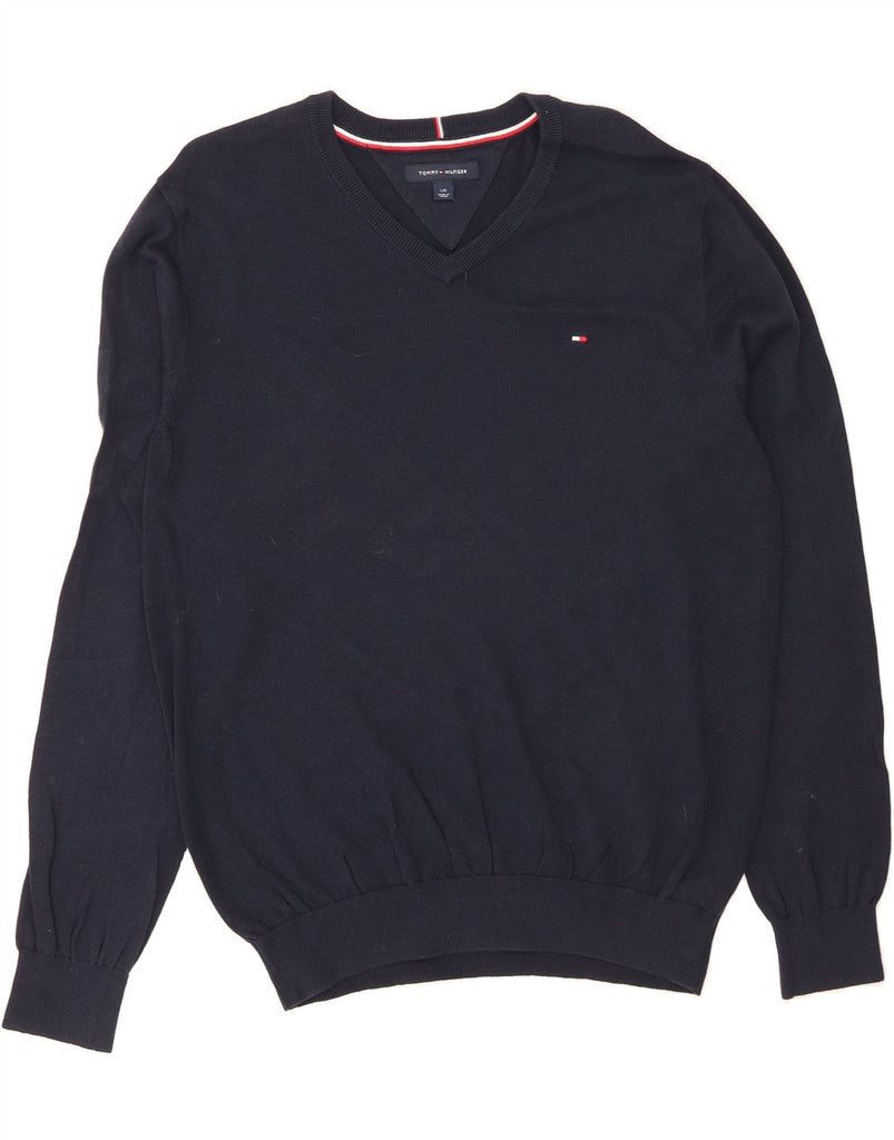 TOMMY HILFIGER Mens V-Neck Jumper Sweater Large Navy Blue Cotton Vintage Tommy Hilfiger and Second-Hand Tommy Hilfiger from Messina Hembry 