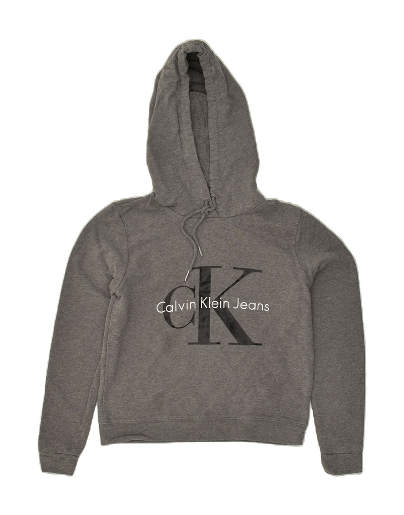 CALVIN KLEIN Womens Graphic Hoodie Jumper UK 6 XS Grey Cotton | Vintage Calvin Klein | Thrift | Second-Hand Calvin Klein | Used Clothing | Messina Hembry 