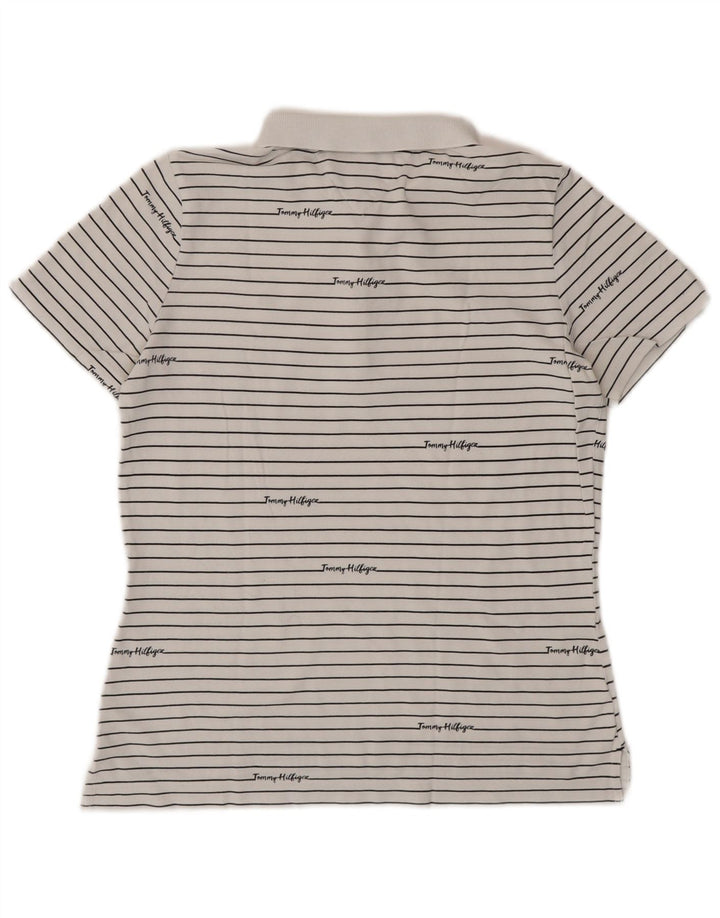 TOMMY HILFIGER Womens Graphic Polo Shirt UK 14 Medium White Striped