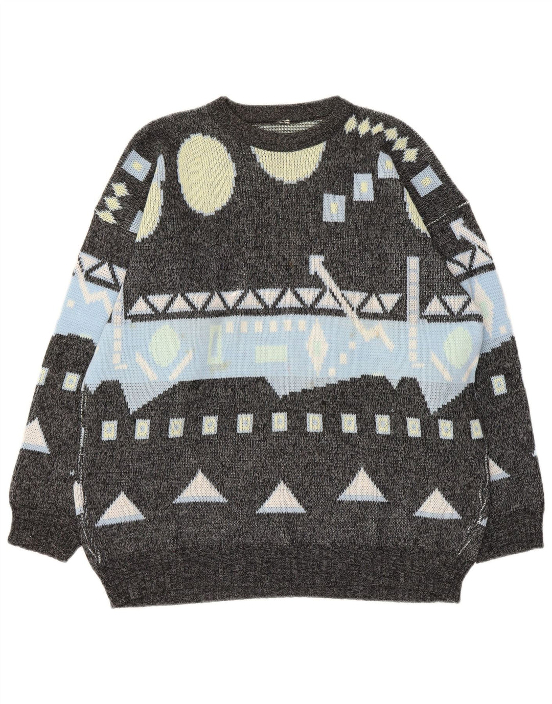 Vintage Mens Crew Neck Jumper Sweater Large Grey Geometric