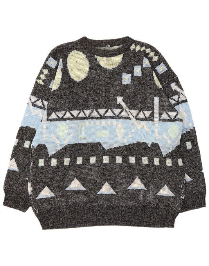 Vintage Mens Crew Neck Jumper Sweater Large Grey Geometric
