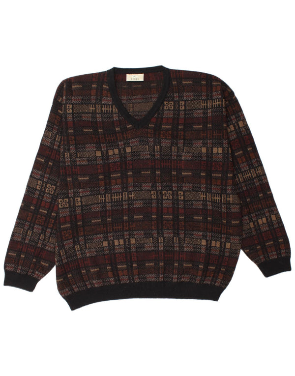 Rodes Mens V-Neck Jumper Sweater XL Brown Geometric Virgin Wool